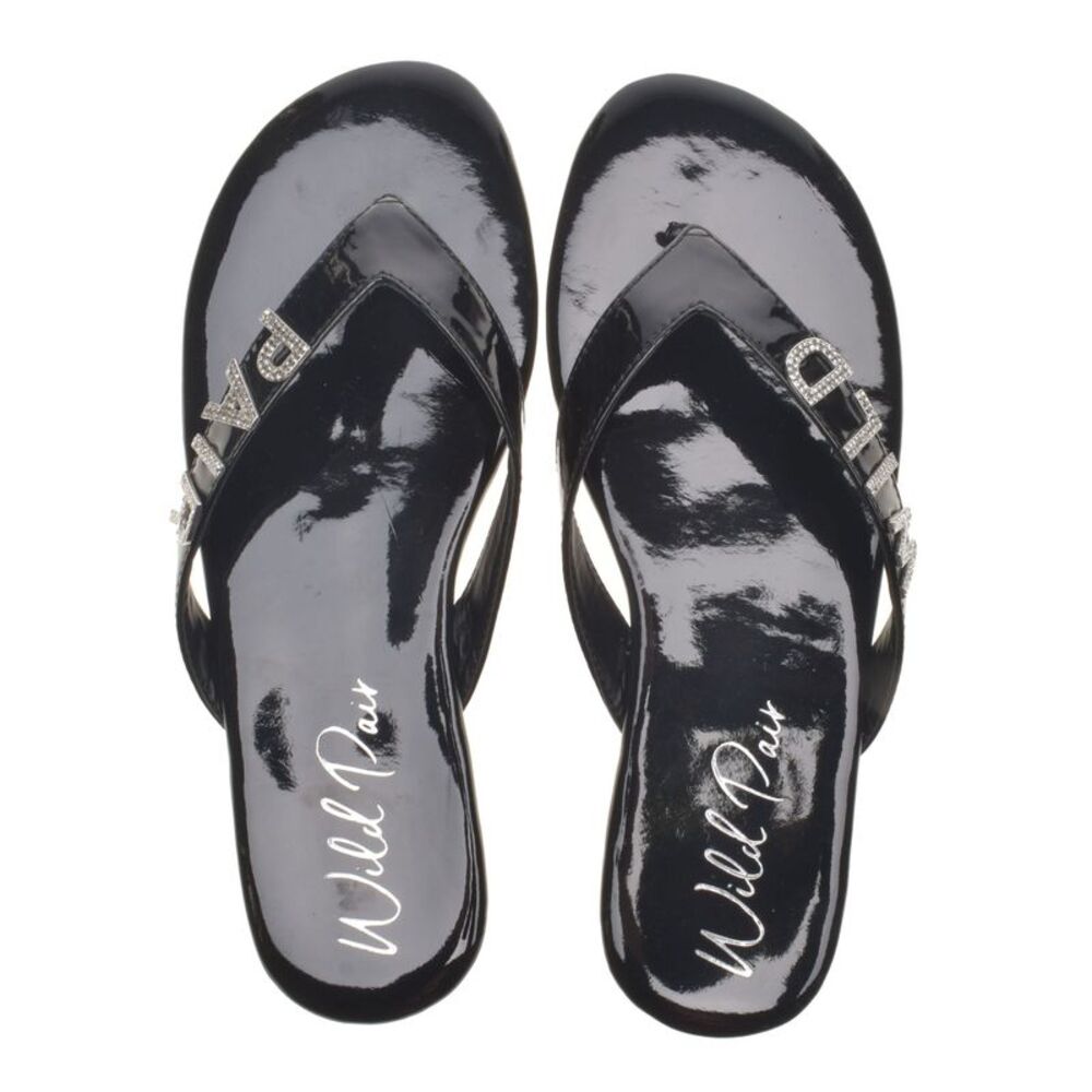 WILD PAIR Womens Black Rhinestone Fantasia Round Toe Slip On Thong Sandals 5 M